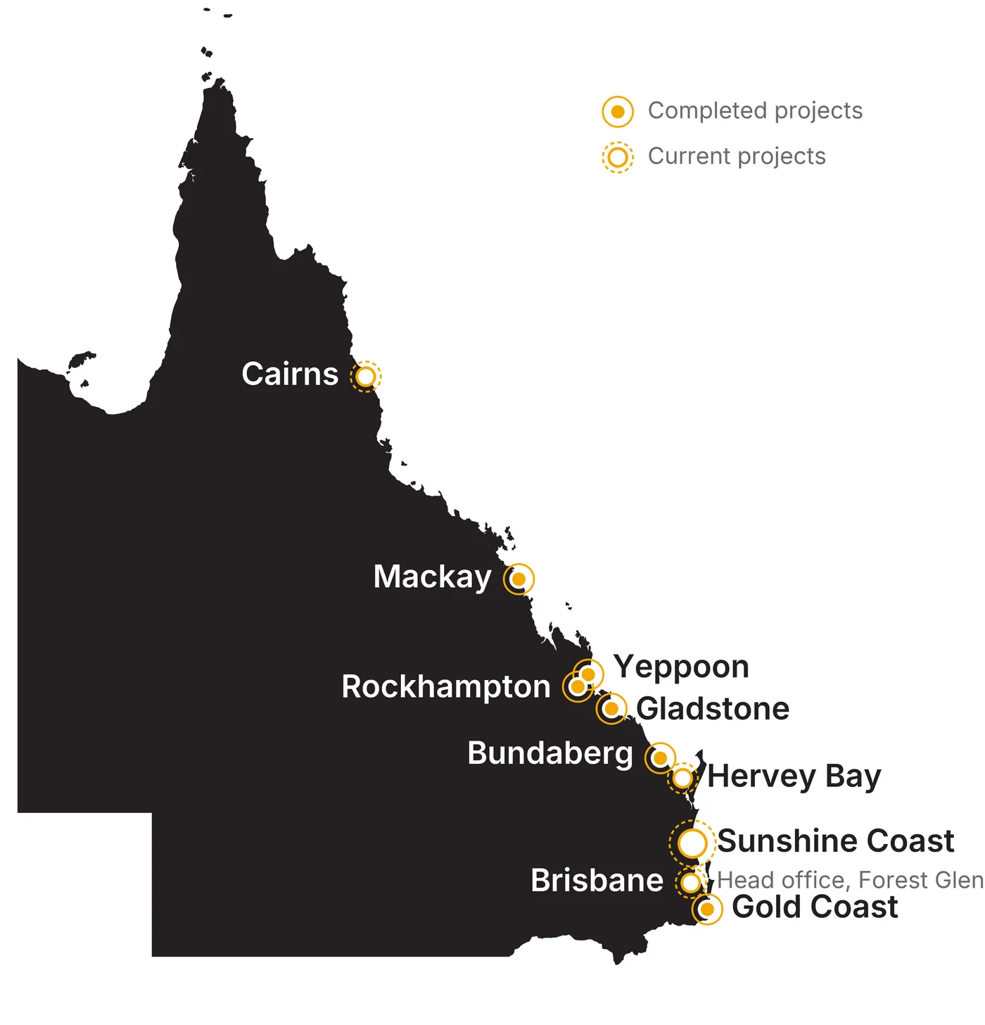Map of Queensland showing Coast project locations: Cairns, Mackay, Yeppoon, Rockhampton, Gladstone, Hervey Bay, Sunshine Coast, Brisbane and Gold Coast