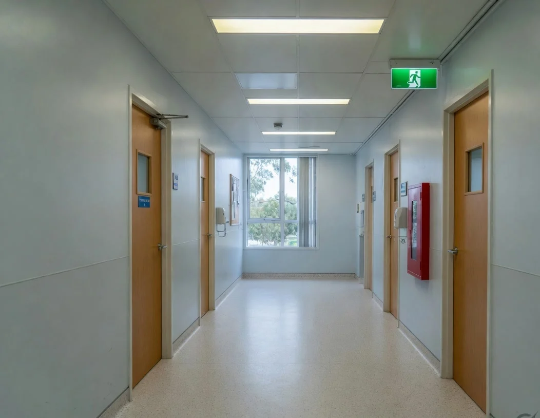 Healthcare corridor with ceiling lighting and exit signage